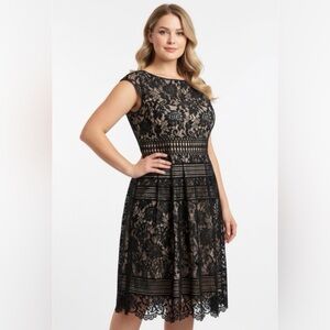 Eliza J Elegant Black and Gold Lace Midi Dress